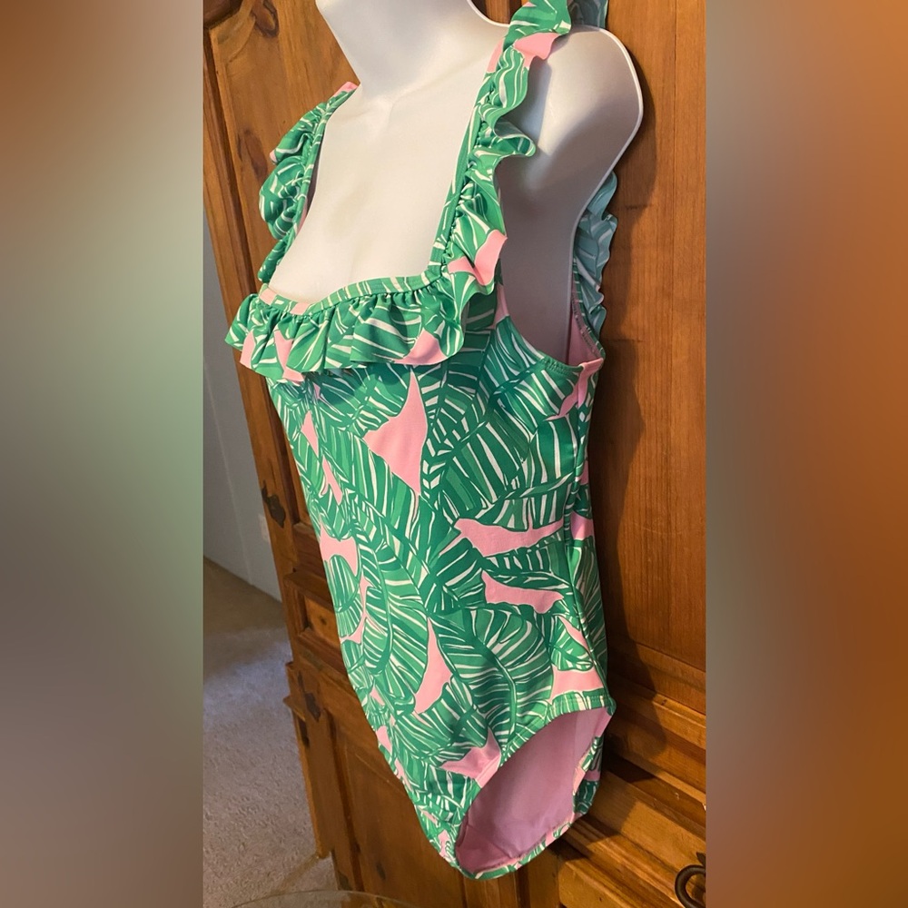 Lilly Pulitzer Green Palm Leaf One-Piece Swimsuit with Pink Accents - Picture 3 of 12